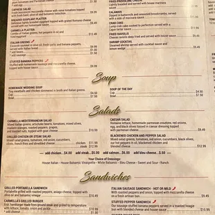 Menu for appetizers, soups, salads, and sandwiches