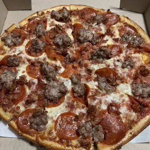 Pepperoni, sausage, bacon pizza!