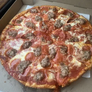 Large pepperoni and Sausage with extra sauce