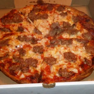 Carmellas Medium with onion and double Italian sausage! Yum!