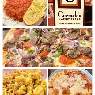Comforting Spaghetti and Meatballs, Carmelo's Supreme Pizza, Calamari and Kids Cheese Pizza @ Carmelo's Pizzeria-St. Augustine.