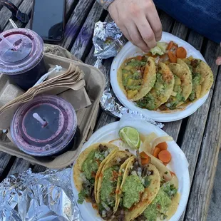 Tacos (Asada and al pastor) and hibiscus Aguas Frescas