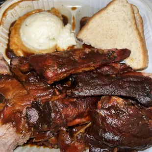 2 meat combo ribs and brisket with potato salad