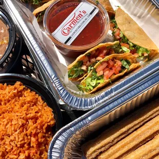 Rice, tacos, salsa, Churros with Dipping Sauce