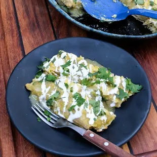 When order Carmen&apos;s Next-Day Catering all you need is a plate &amp; fork. Yummy Green Chile Enchiladas.