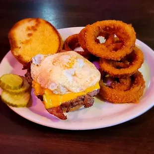 Bacon cheeseburger with a fried egg cooked to perfection!