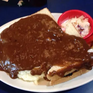Hamburger drowned in gravy.