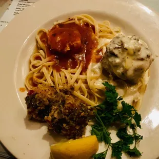 Spedini: three way with diablo, Alfredo, and amogio sauces.  This is a split entree!
