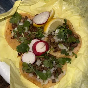 3 Carne Asada Tacos with everything