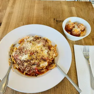 Mafalde w/ Beef Bolognese &amp; Rice Balls and tomato sauce