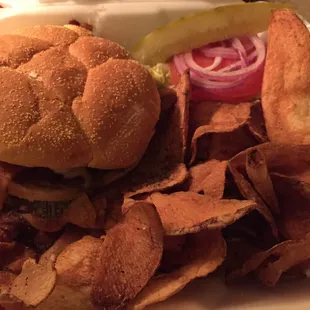 Bacon and Mushroom Burger with Home Chips