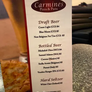 a menu for the restaurant