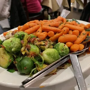 Thanksgiving veggie platter. Carrots, green beans and Brussels sprouts