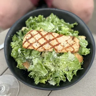 a plate of salad with grilled chicken