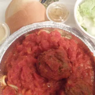 Spaghetti with meatballs dinner.