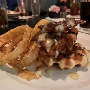 Chicken &amp; Waffles (I asked for no cheese, but it normally includes melted cheese) with a side of Onions Rings.