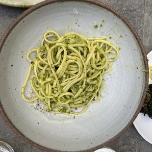 Linguine pasta mustard green, preserved lemon, grilled leek butter