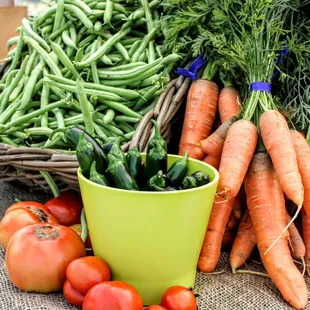 carrots, beans, and tomatoes