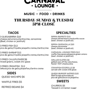 Food - Thursday-Sunday &amp; Tuesday