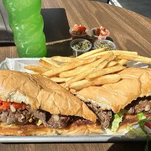 Flank steak sandwich and fries