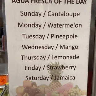 Agua Fresca menu for the week