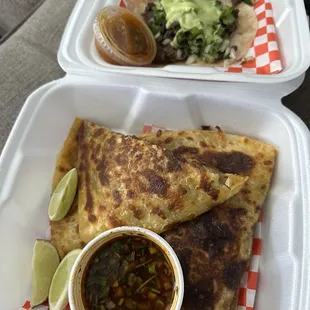 Quesadilla and carne asada taco.