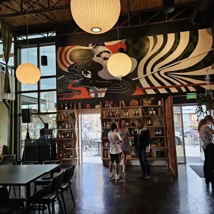 View towards wine wall with 1970&apos;s decor