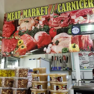 a display of meat and vegetables