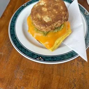 Vegan chorizo biscuit sandwich.