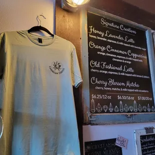 T shirt for sale and partial menu