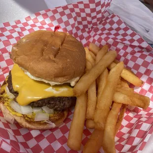 ground chuck cheeseburger with crispy fries