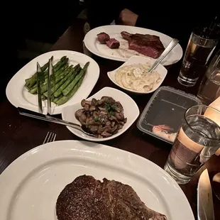 Rib-eye, truffled mashed potatoes, sautéed mushrooms, roasted asparagus
