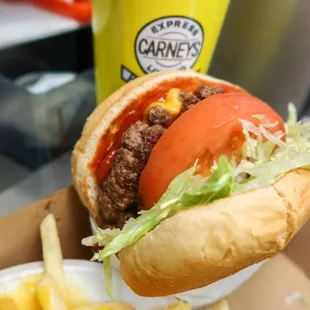 a hamburger and fries