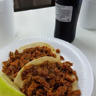 2 tacos chorizo 1.85 each and Mexican tall frosty coke 2 bucks sooo good