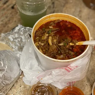 Birria de chivo (goat soup) and the mint drink