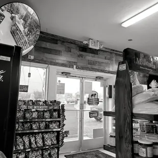a black and white photo of a store