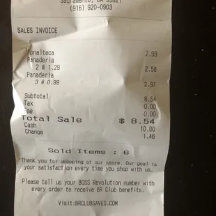 receipt of purchased pan dulce