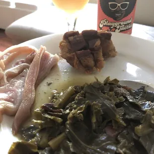 Pickled pigs ears and chicharrones. The collard greens are from Urban Roots. With an excellent Hazy IPA. Enjoy.