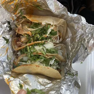 Tacos  2 Al Pastor  1 chicken  Carne asada