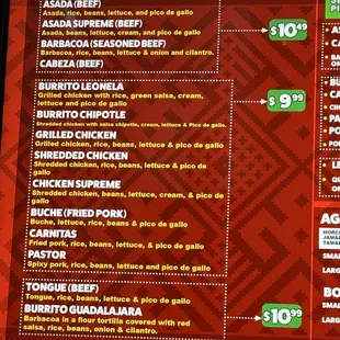 Burrito menu 11/5/24