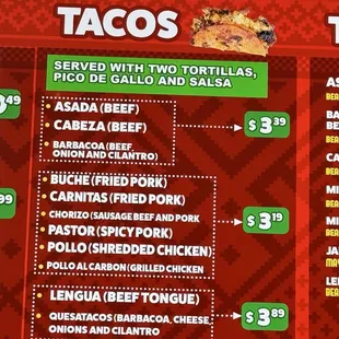 Taco menu 11/5/24