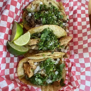 Beef and chicken tacos.