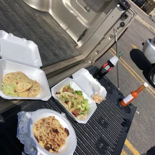 2 gorditas, one pupusa and 6 tacos