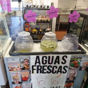 Aguas frescas - cebada, Jamaica, horchata, piña (pineapple), pepino (cucumber)