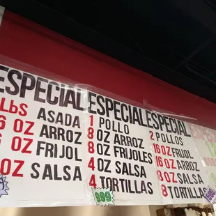 Menu #1, combos of carne asada specials or chicken (pollo) specials