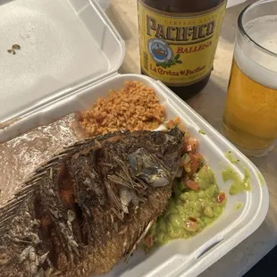 Mojara (Fried Fish) and 32oz beer