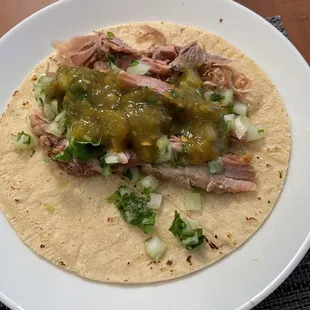 A carnitas taco made from the 1/2lb of carnitas I purchased!  Mmm, mmm, mmmm!