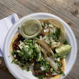 Chorizo, carnitas, and barbacoa tacos