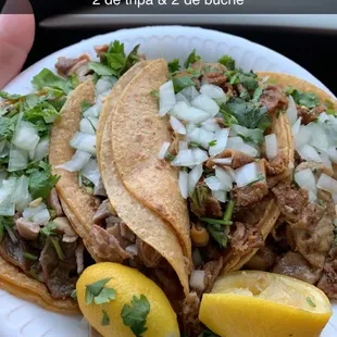 9/5/21 2 tacos de tripa dorada &amp; 2 tacos de buche squeeze the lemon and top with some salsa