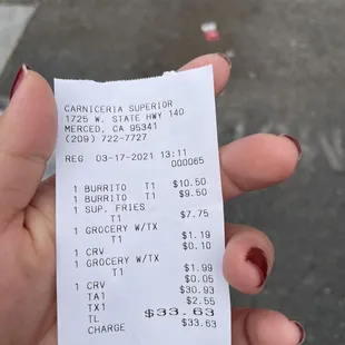 2 burritos,  1 small carne asada fries, and 2 drinks = 33.63 dollars
